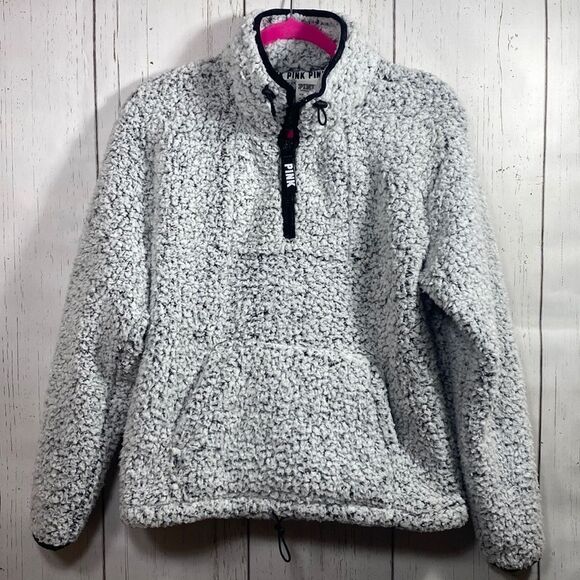 Victorias Secret PINK Sherpa Quarter-Zip Pullover Light Gray Fleece Sweatshirt - Picture 1 of 16